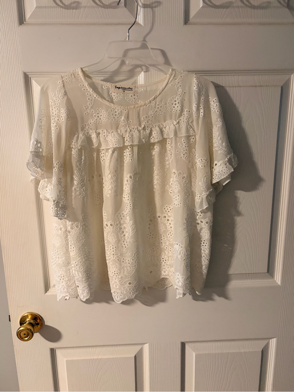 Impressions Cream Eyelet Ruffle Short Sleeve Blouse